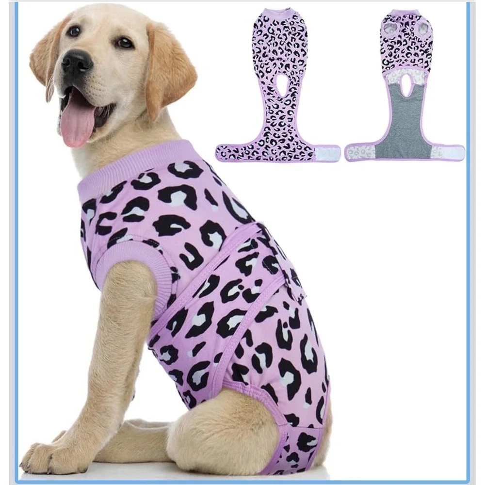 Kuoser Dog Recovery Suit Purple Leopard Print Surgery Snuggly Cone Alt Large NWT